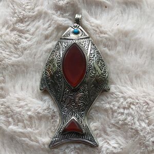 Silver fish pendent with amber glass accents